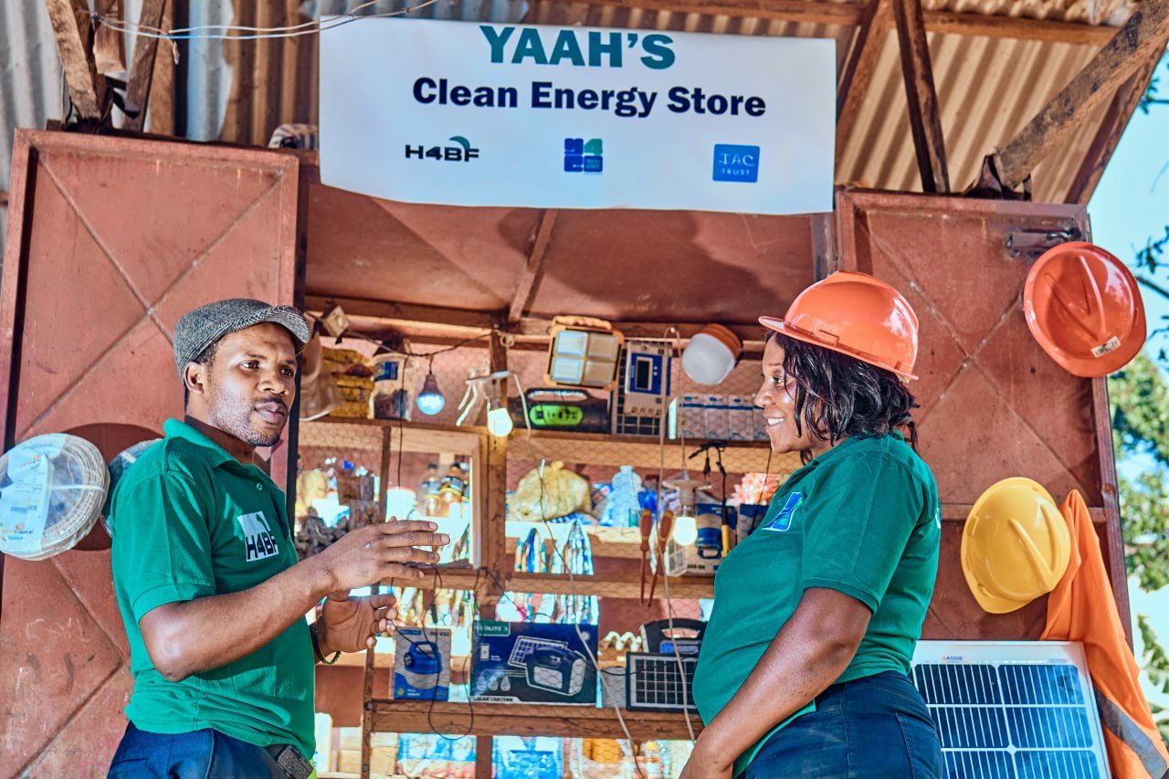 Clean energy store with workers.